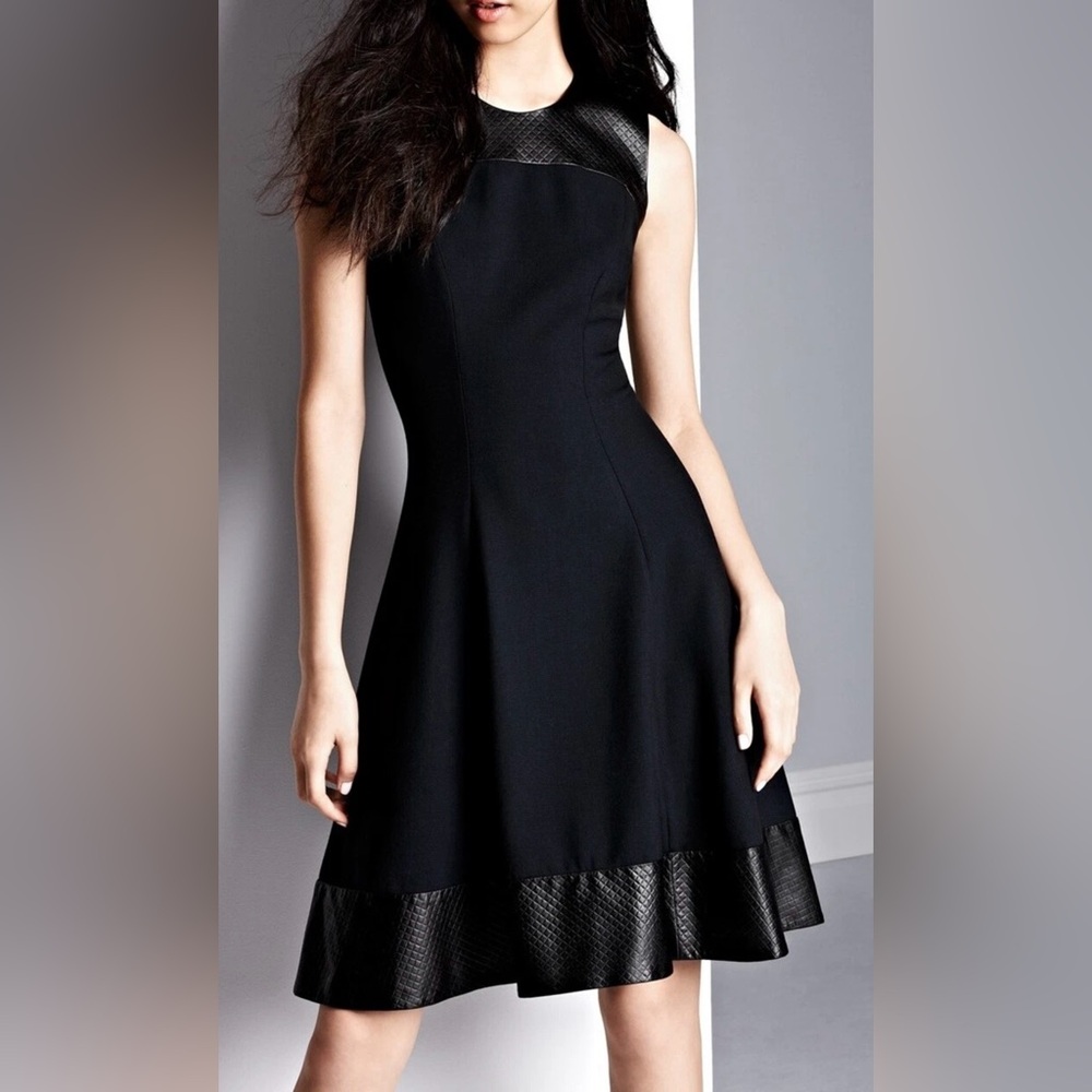 L’Agence Midnight Blue Embossed Black Leather Trim Ponte Knit Dress, size 8